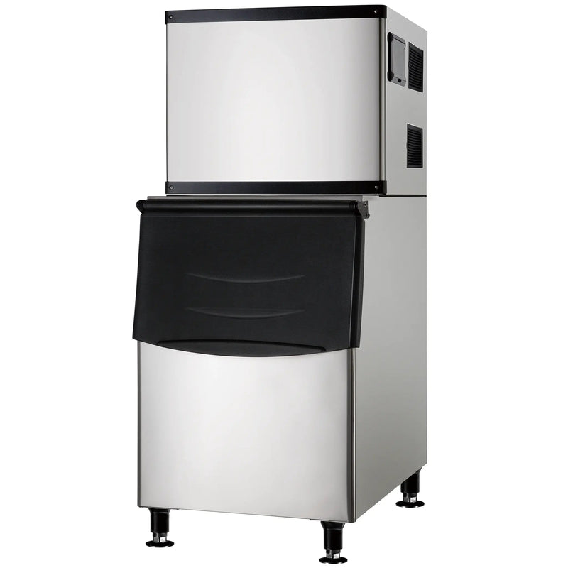 Nordic Air NIM-500C stainless steel modular cube ice machine on a 375 lb storage bin with black door, angled view