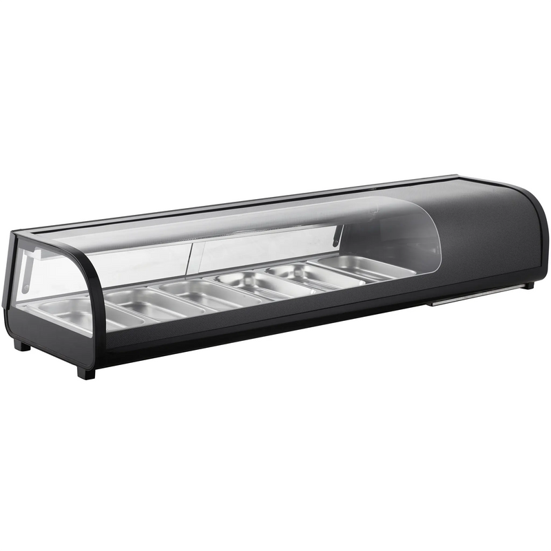 Nordic Air NSU-60 60-inch black refrigerated sushi showcase with curved glass cover and stainless pans, front view