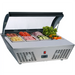 Nordic Air NTR-30 30-inch refrigerated topping rail with cover open, pans filled with vegetables and toppings