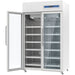 Nordic Air PHR-1015L white two door biomedical pharmacy refrigerator with left glass door open, showing shelves