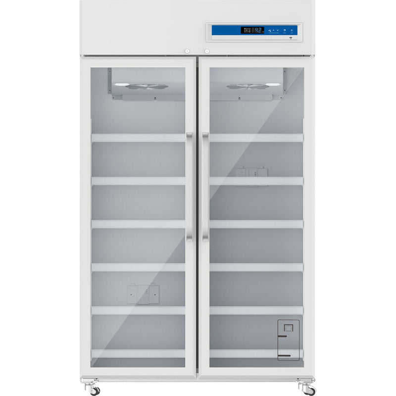 Nordic Air PHR-1015L white two door glass biomedical pharmacy refrigerator with digital display, front view