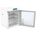 Nordic Air PHR-130L white biomedical pharmacy refrigerator with glass door open, showing wire shelves inside