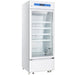 Nordic Air PHR-315L white upright biomedical pharmacy refrigerator with glass door and wire shelves, angled right