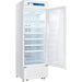 Nordic Air PHR-395L white upright biomedical pharmacy refrigerator with glass door open, showing shelves inside