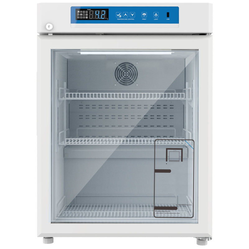 Nordic Air PHR-75L white biomedical pharmacy refrigerator with glass door, wire shelves and drawer, front view