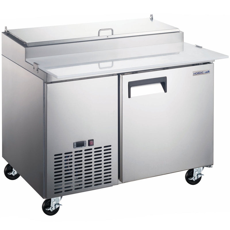 Nordic Air PPT-44-6 45-inch single door stainless steel refrigerated pizza prep table with lid closed, on casters