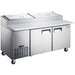 Nordic Air PPT-67-9 67-inch two door stainless steel refrigerated pizza prep table with lids closed, on casters