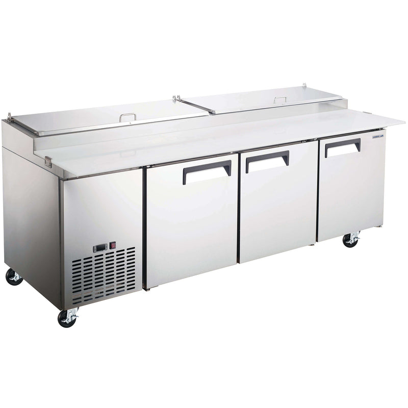 Nordic Air PPT-92-12 92-inch three door stainless steel refrigerated pizza prep table with lids closed, on casters