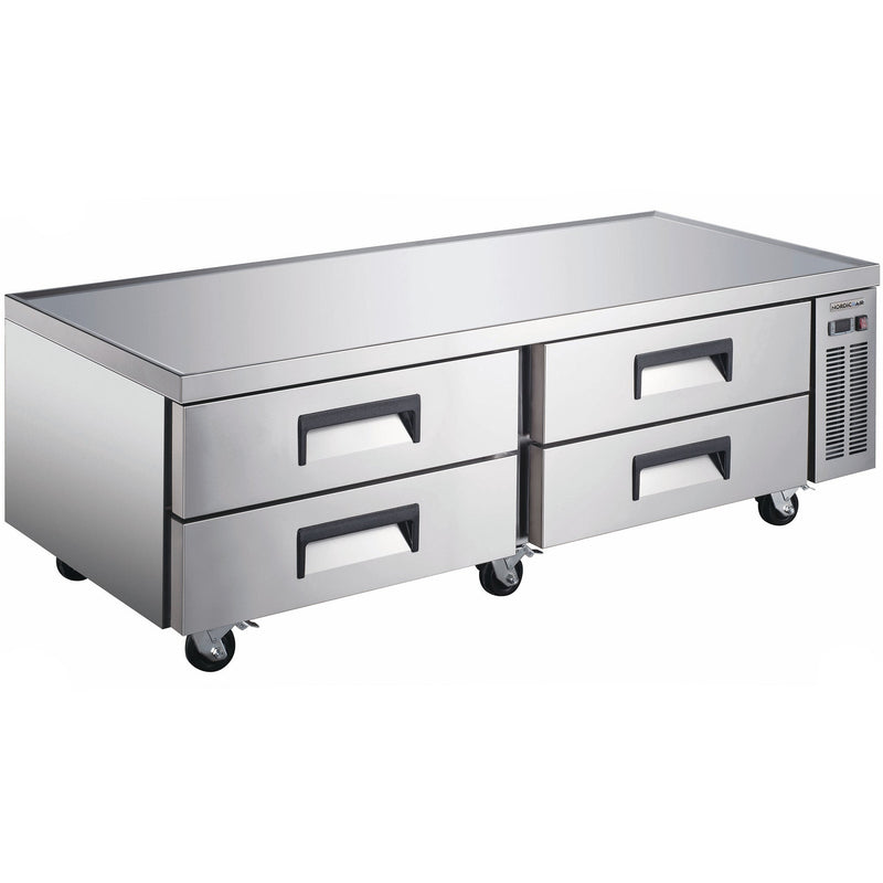 Nordic Air RCB-84 84-inch stainless steel refrigerated chef base with four drawers for 4-inch deep pans, on casters