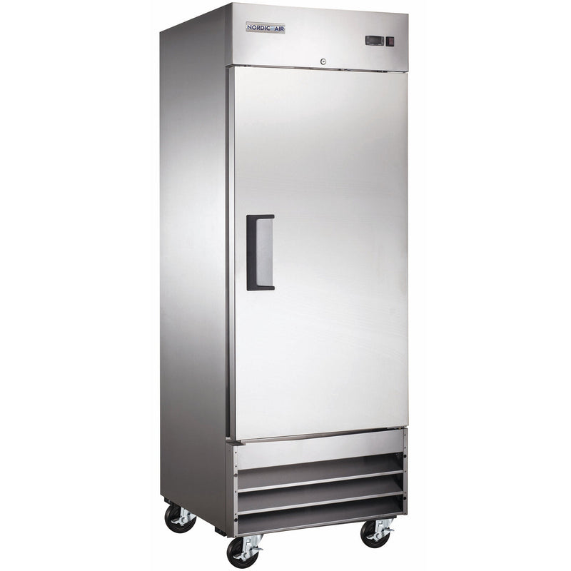 Nordic Air SF-29D 29-inch single solid door stainless steel reach-in freezer on casters, door closed, angled view
