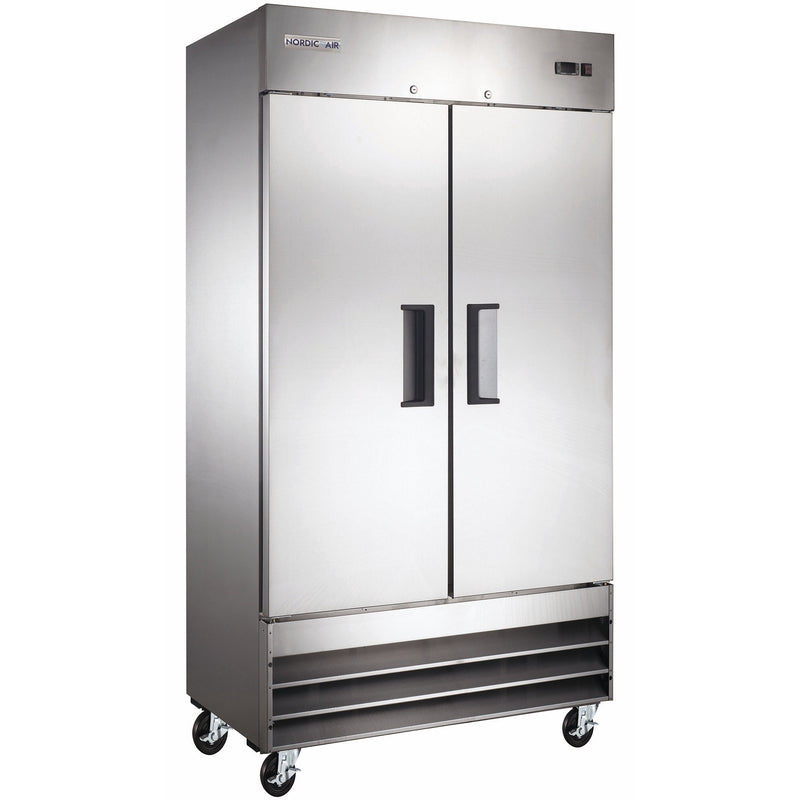 Nordic Air SF-40 40-inch two solid door stainless steel reach-in freezer on casters, doors closed, angled view