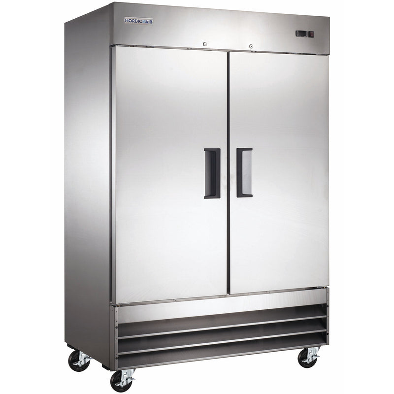 Nordic Air SF-54 54-inch two solid door stainless steel reach-in freezer on casters, doors closed, angled view
