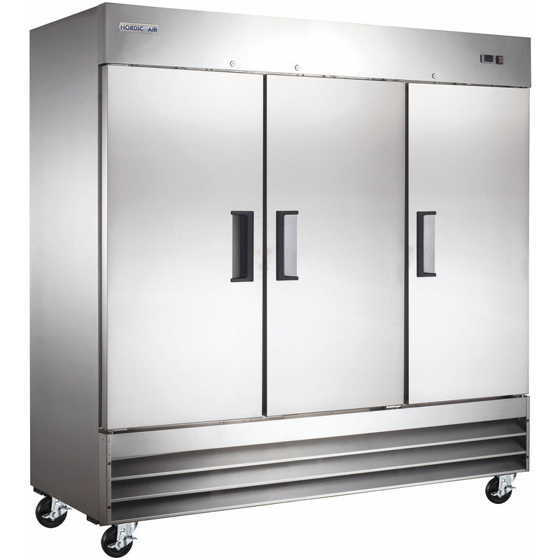 Nordic Air SF-81 81-inch three solid door stainless steel reach-in freezer on casters, doors closed, angled view