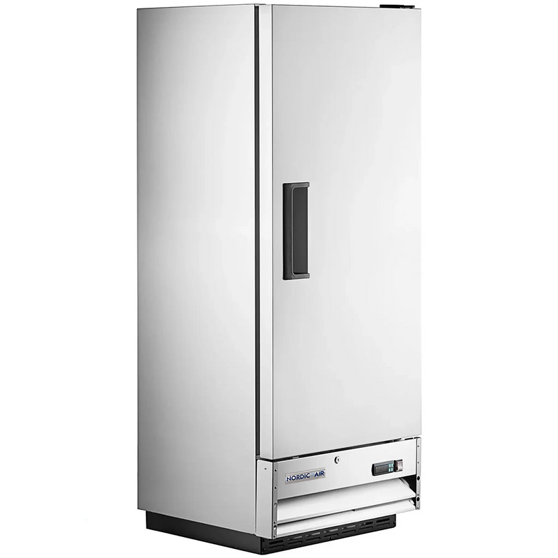 Nordic Air SR-25 25-inch single solid door stainless steel reach-in refrigerator with door closed, angled view