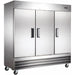 Nordic Air SR-81 81-inch three solid door stainless steel reach-in refrigerator on casters, doors closed, angled view