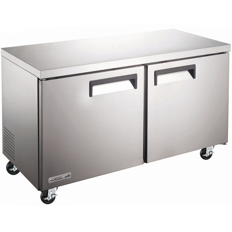 Nordic Air UCF-60 60-inch two door stainless steel undercounter freezer work table on casters, angled view