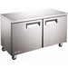 Nordic Air UCF-60 60-inch two door stainless steel undercounter freezer work table on casters, angled view