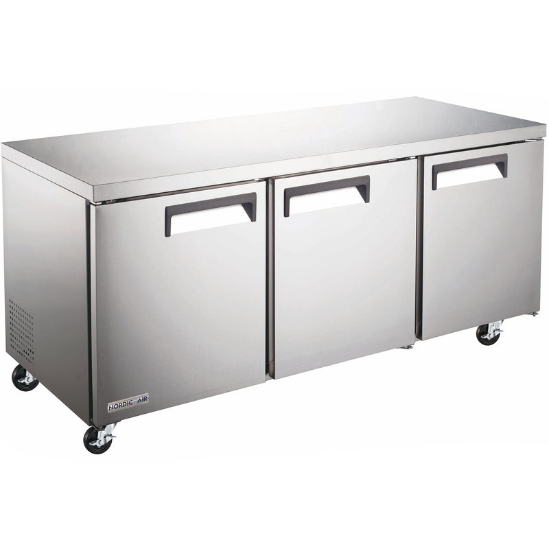Nordic Air UCR-72 72-inch three door stainless steel refrigerated undercounter work table on casters, angled view