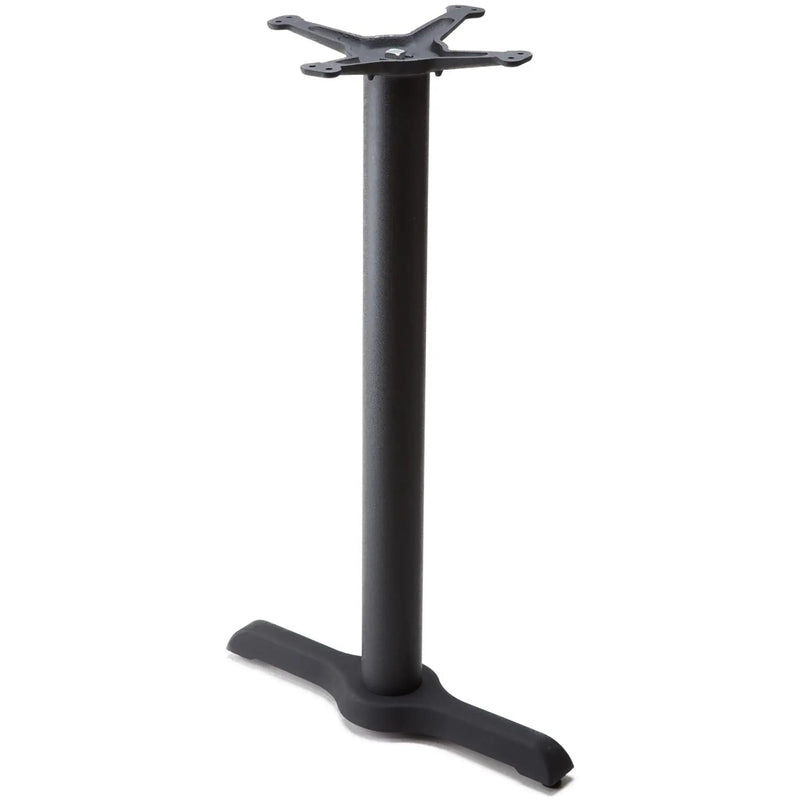 Phoenix table base in black with a T-shaped two prong end foot and single column, dining height option