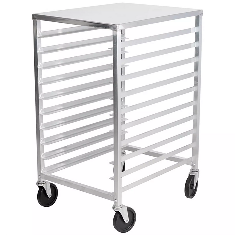 Phoenix ALRK10T aluminum welded 10-tier sheet pan rack with solid top and casters, angled front view