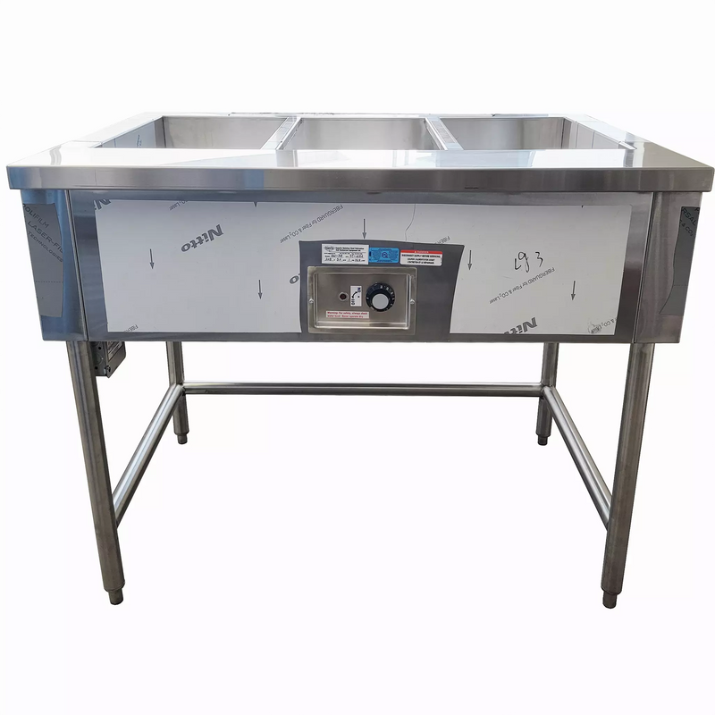 Phoenix CST-3E economy three well stainless steel steam table on open leg stand, angled front view