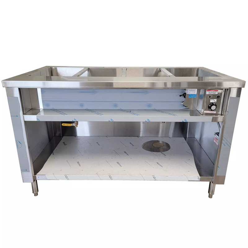 Phoenix CST-4 stainless steel 4 well steam table without sneeze guard, front view of the open base