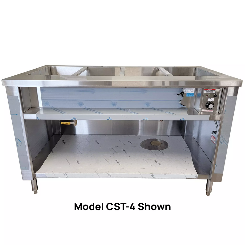 Phoenix CST-5 stainless steel steam table without sneeze guard, open base front view, representative CST-4 photo