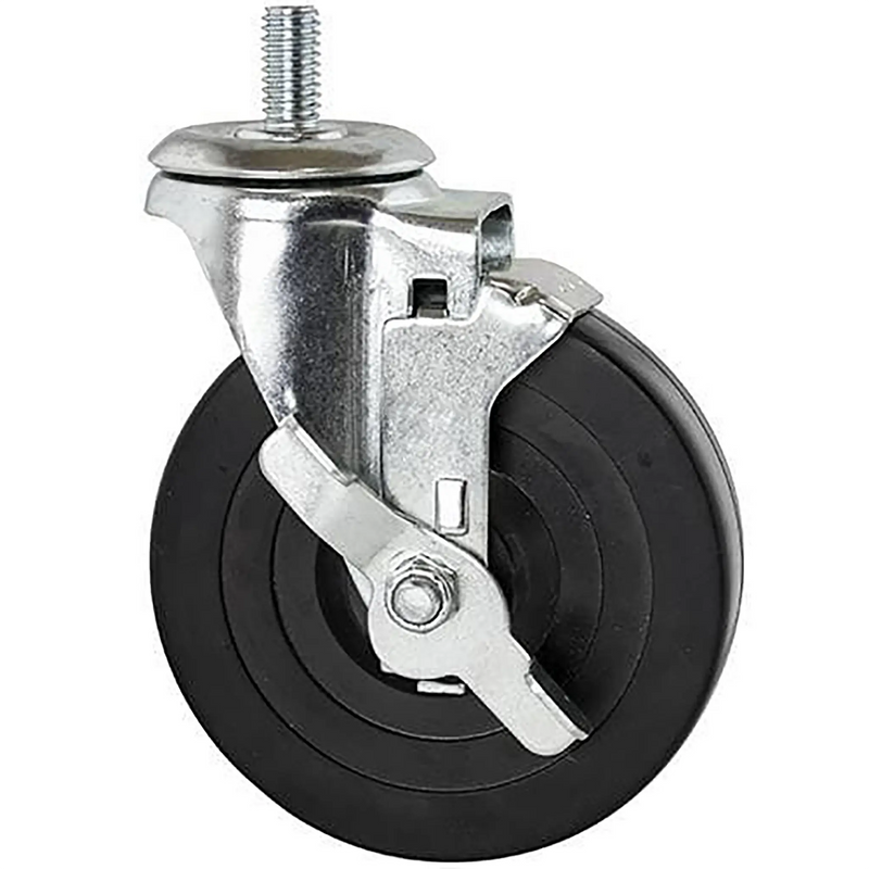 Phoenix caster for wire shelving, black rubber wheel with threaded stem and locking brake, side view