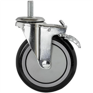 Phoenix caster for wire shelving, polyurethane wheel with threaded stem and locking brake, side view