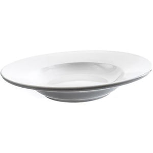 Phoenix white ceramic soup plate with wide flat rim and deep centre bowl, side profile view