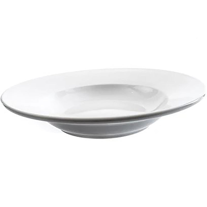 Phoenix white ceramic soup plate with wide flat rim and deep centre bowl, side profile view