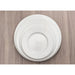 Phoenix white ceramic wide rim plates in several sizes stacked from largest to smallest on a wooden table, top view