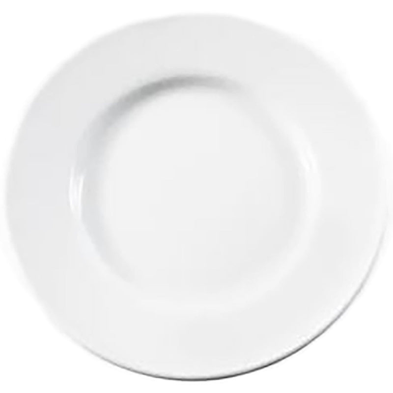 Phoenix white ceramic wide rim plate, top-down view showing the broad flat rim and round centre well