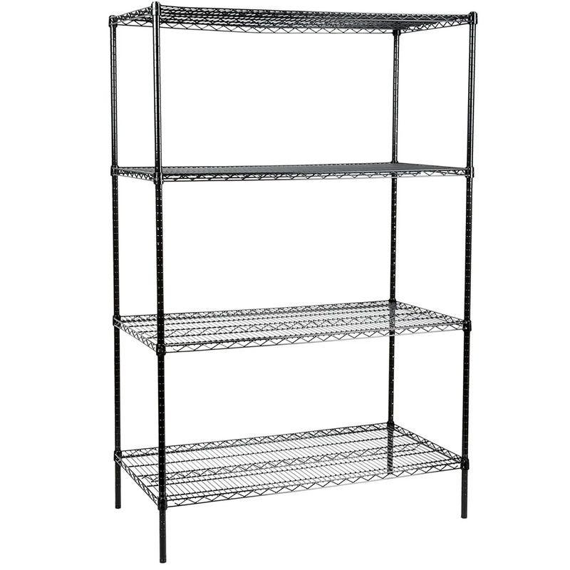 Phoenix black epoxy wire shelf kit, 72 inches high with four adjustable wire shelves, angled front view