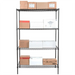 Phoenix black epoxy 72-inch four shelf wire shelving kit loaded with cardboard boxes and food storage containers
