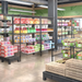 Phoenix black epoxy wire shelf kits used as grocery store display shelving stocked with packaged products
