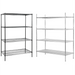 Phoenix 72-inch high four shelf wire shelving kits in black epoxy and chrome, shown side by side, front view