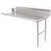Phoenix clean dish table in stainless steel, mirrored layout with open end at left and legs at right