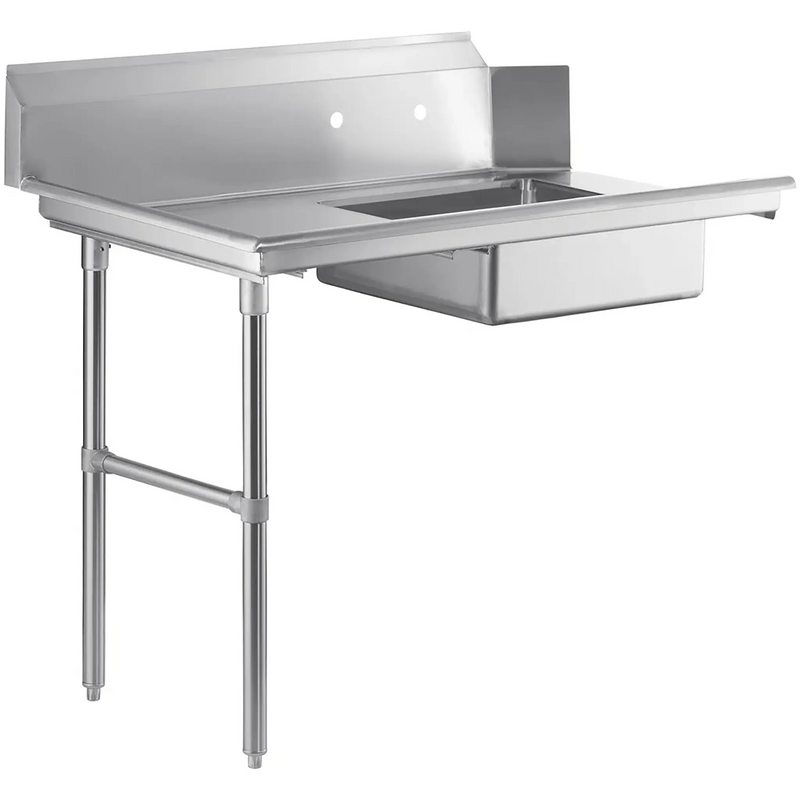 Phoenix stainless steel dirty dish table with backsplash and pre-rinse sink basin on the right end, angled view