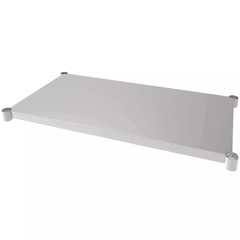 Phoenix extra stainless steel table under shelf with corner leg sleeves, angled top view