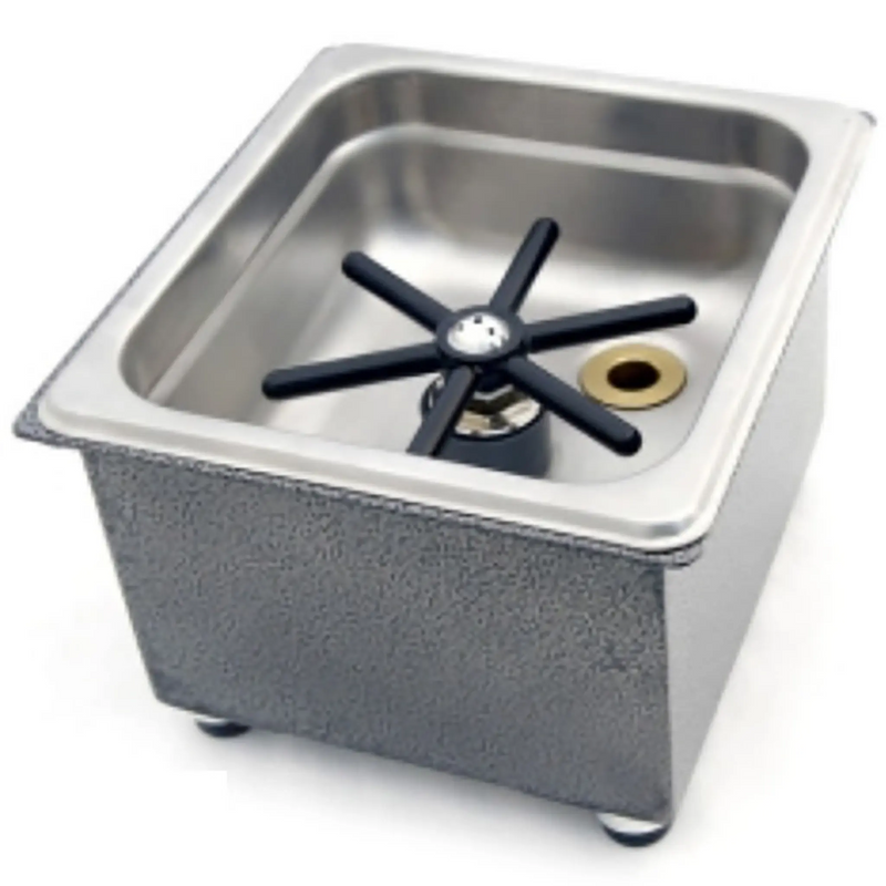 Phoenix GRCT-110 glass rinser with drain, black star rinser inside a square stainless steel basin, angled view