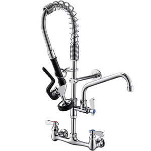 Phoenix heavy duty mini pre-rinse faucet with add-on spout, chrome wall mount unit with spring riser and spray valve