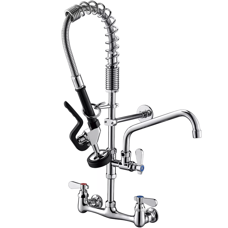 Phoenix heavy duty mini pre-rinse faucet with add-on spout, chrome wall mount unit with spring riser and spray valve