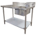 Phoenix heavy duty 16 gauge stainless steel sink table with sink bowl, backsplash and undershelf, angled left view