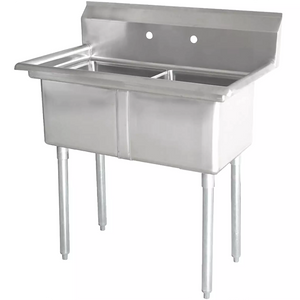 Phoenix heavy duty 16 gauge stainless steel double compartment sink with backsplash and faucet holes, angled view