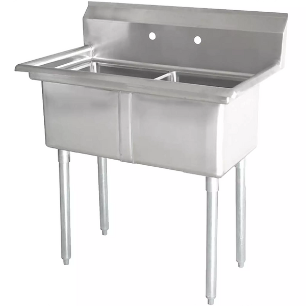 Phoenix heavy duty 16 gauge stainless steel double compartment sink with backsplash and faucet holes, angled view