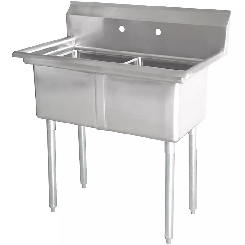 Phoenix heavy duty 16 gauge stainless steel double compartment sink with backsplash and faucet holes, angled view