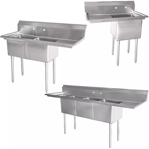 Phoenix heavy duty 16 gauge stainless steel sinks with drainboard, three configurations shown together