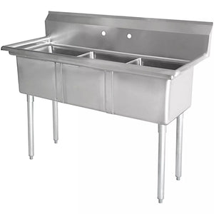 Phoenix heavy duty 16 gauge stainless steel triple compartment sink with backsplash and faucet holes, angled view