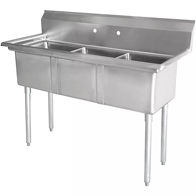 Phoenix heavy duty 16 gauge stainless steel triple compartment sink with backsplash and faucet holes, angled view